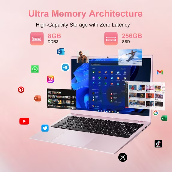 Pink Laptop Computer, 8GB RAM 256GB SSD, Intel 6500Y with 2 Cores, up to 3.4GHz,
