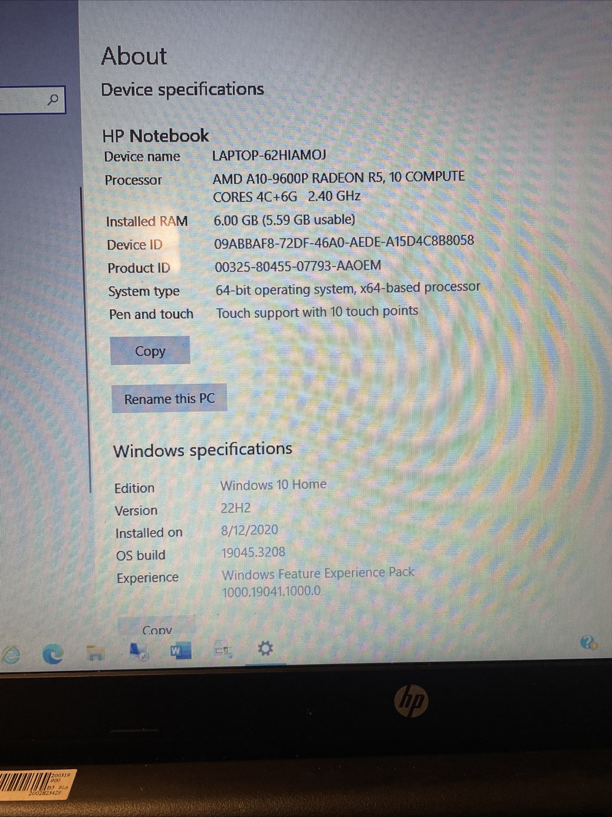 HP 15-ba079dx AMD A10-9600p 6.0 GB 64-bit Op System 15.6” Touch Screen Win. 10
