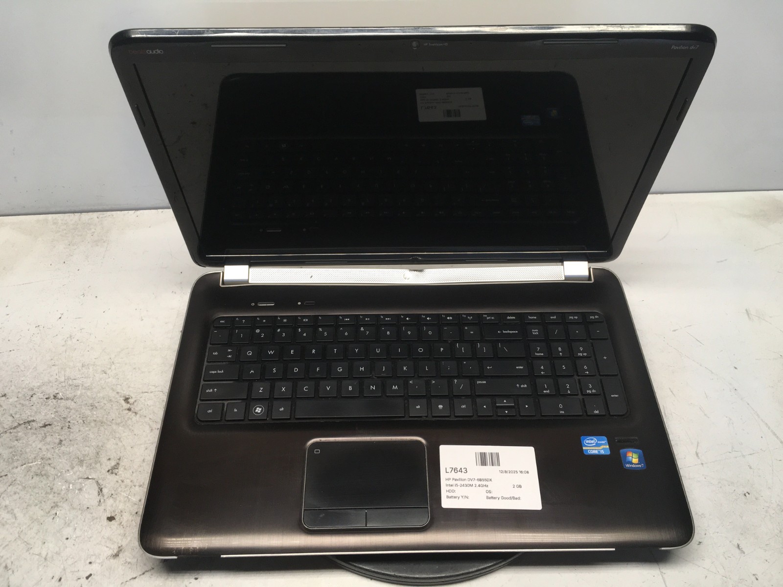 HP Pavilion DV7-6B55DX Intel i5-2430M 2.4GHz 2 GB NO HDD
