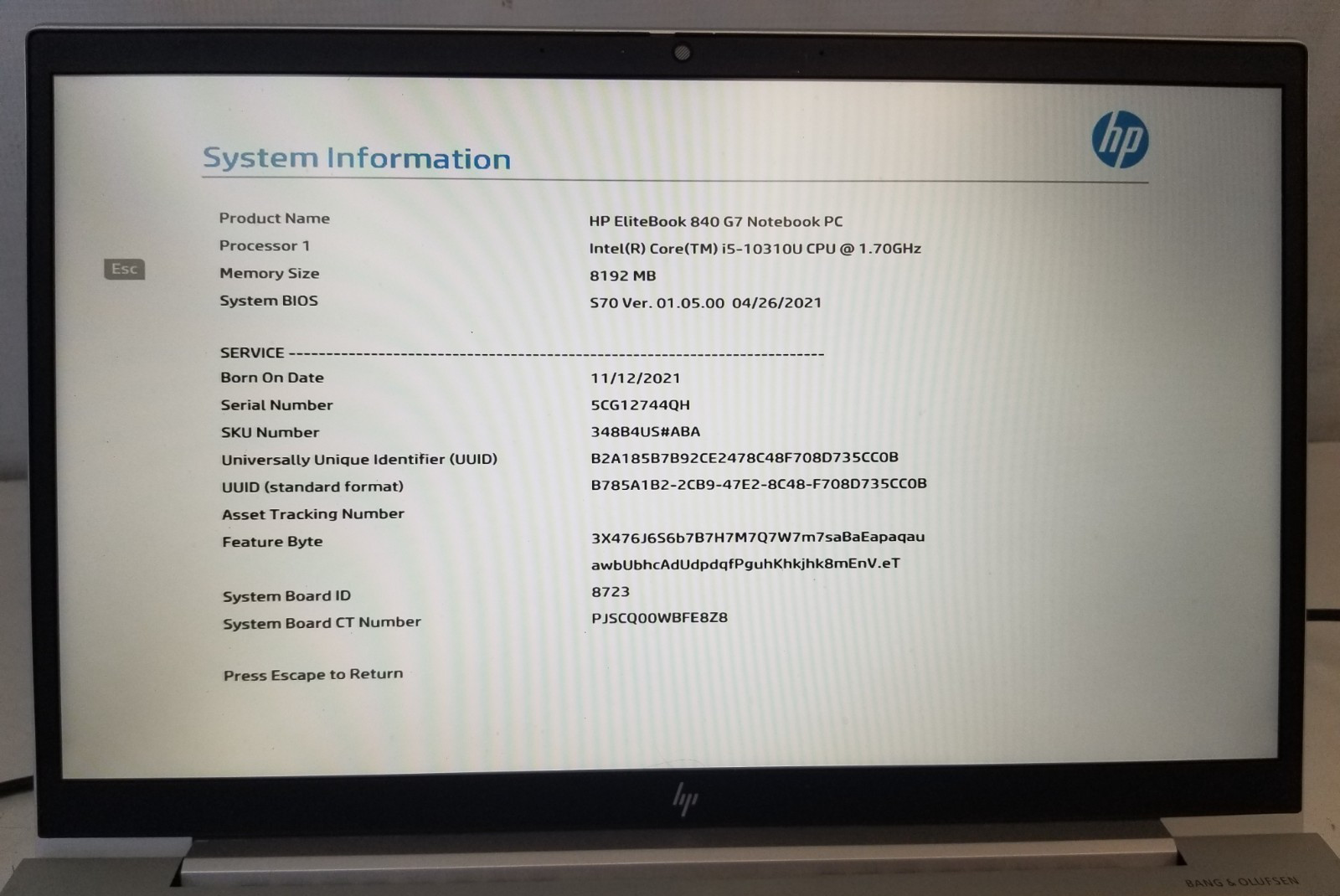 HP EliteBook 840 G7 Intel Core i5-10310U 8GB 1.70GHz NO OS NO SSD