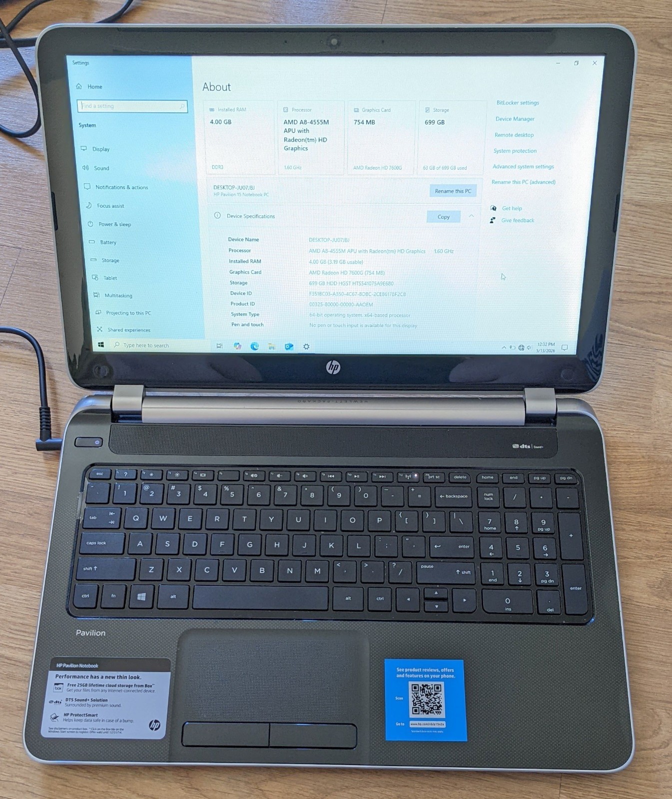 HP Pavilion 15-n237nr Laptop AMD A8-4555M 4GB Ram 700GB HDD Windows 10 DEAD BATT