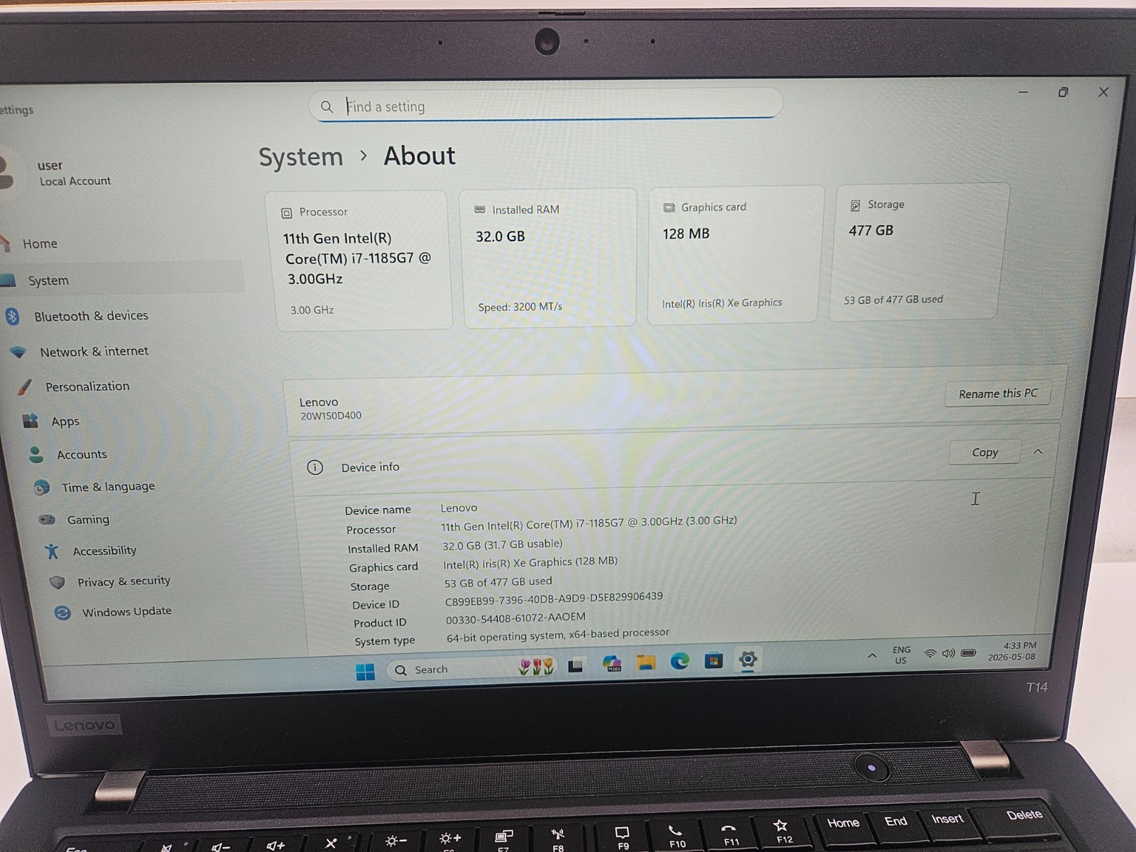 Lenovo ThinkPad T14 Gen 2 | i7 11th Gen | 32GB RAM | 512GB SSD | Like New