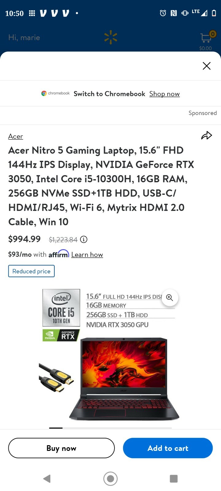 Acer Nitro 5 15.6″ (512GB SSD, Intel Core i7 11th Gen., 4.60 GHz, 16GB)…