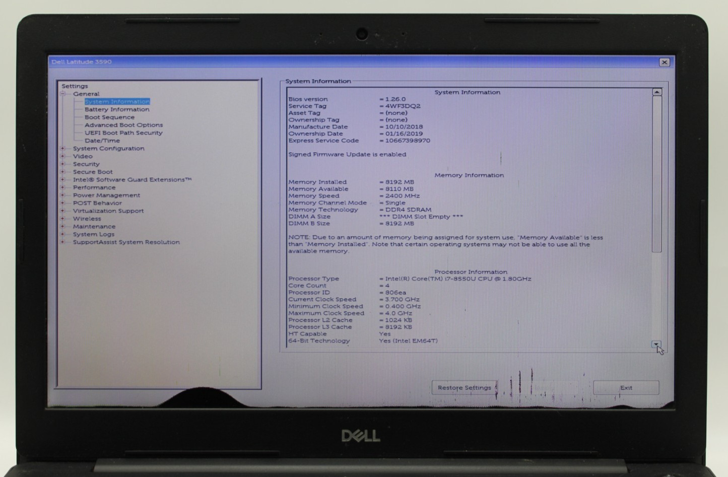 Dell Latitude 3590 i7-8550U@1.8GHz 8GB DDR4 NO STORAGE/OS *USED/TESTED*