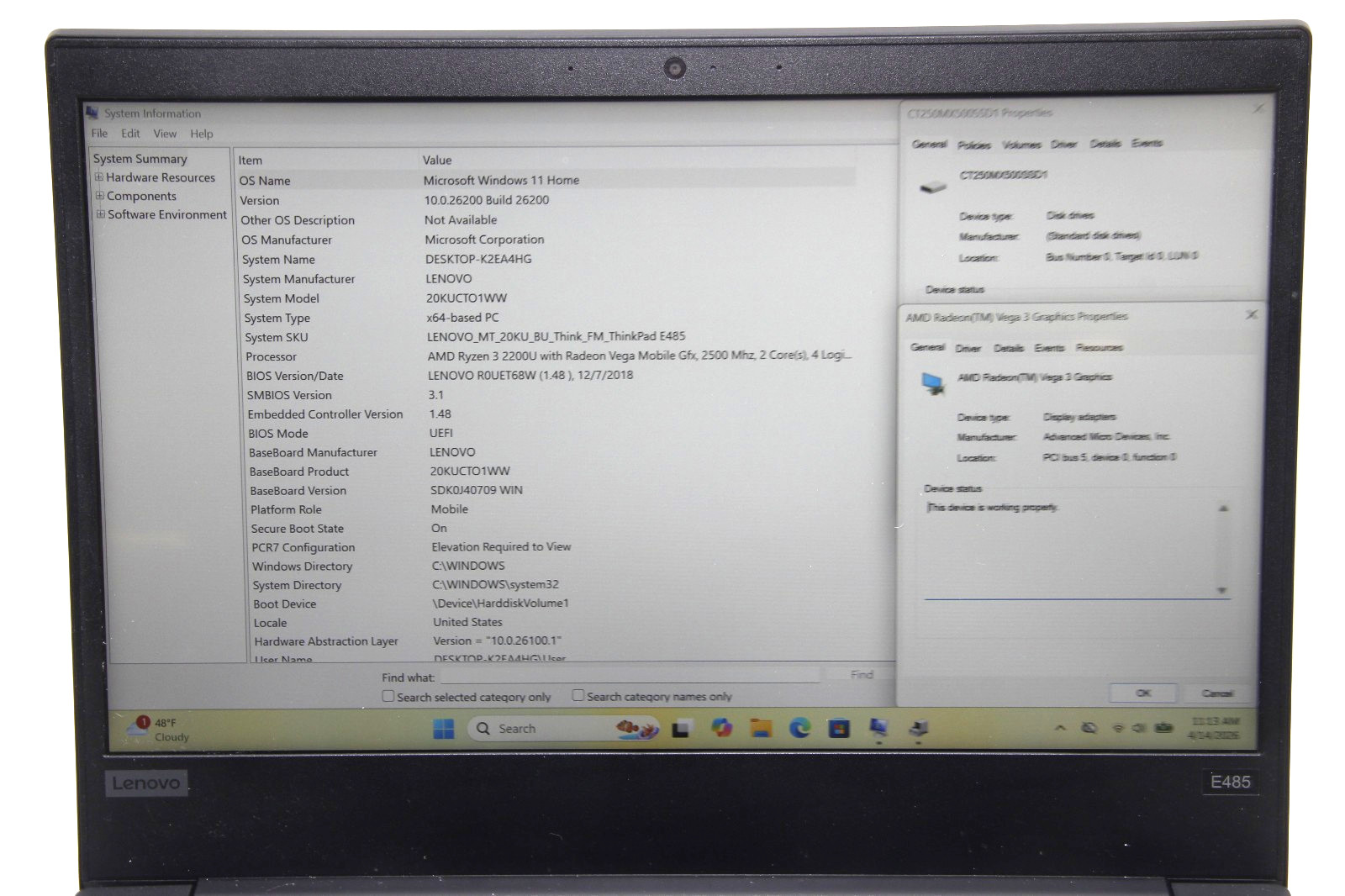 Lenovo TP E485 14″ Laptop AMD R3 2200U 8 GB RAM 250 GB SSD Win 11 No Charger