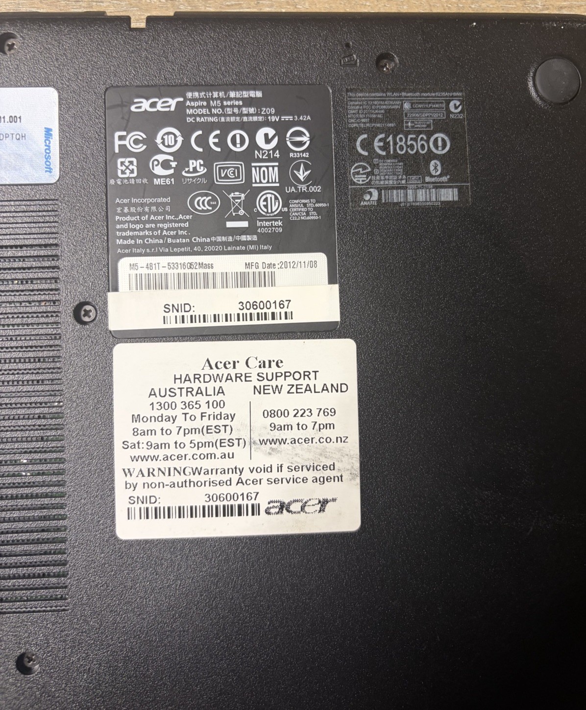 Acer Aspire M5 series, M5-481PT Model Z09 – USED, Untested (Sold For Parts)