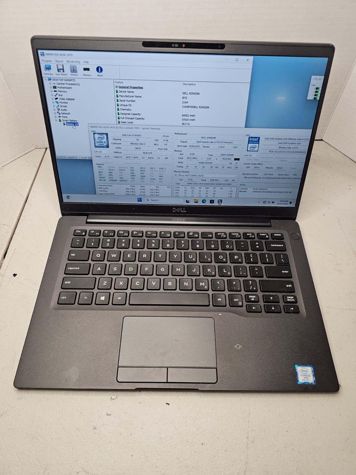 Dell Latitude 7400 i5-8365u 8GB RAM 256GB SSD Win 11 BIOS LOCK NO AC #04