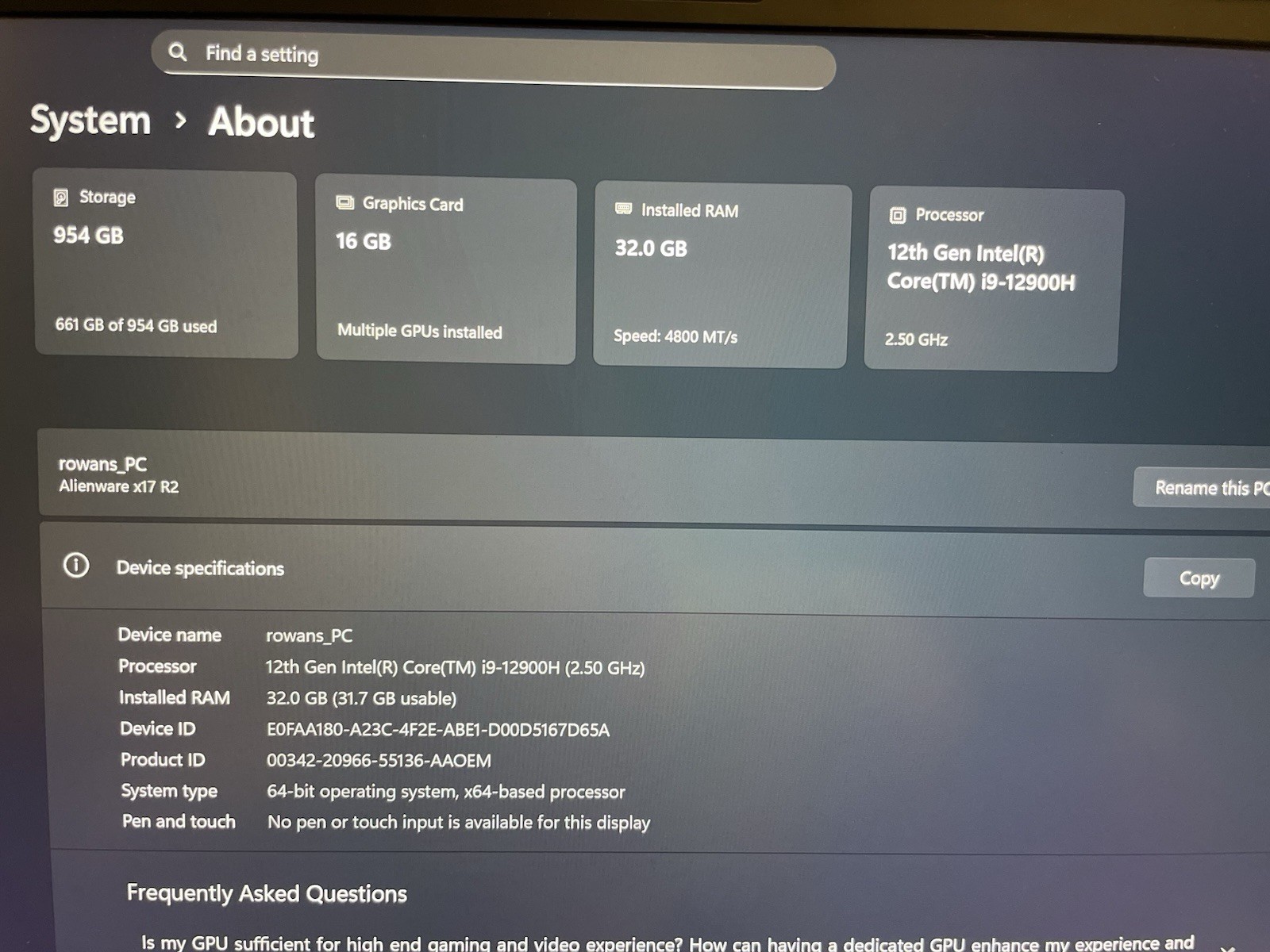 Alienware X17 R2 4k Display, DDR5 32gb Ram, Core I9 12th Gen, Rtx 3080 16GB