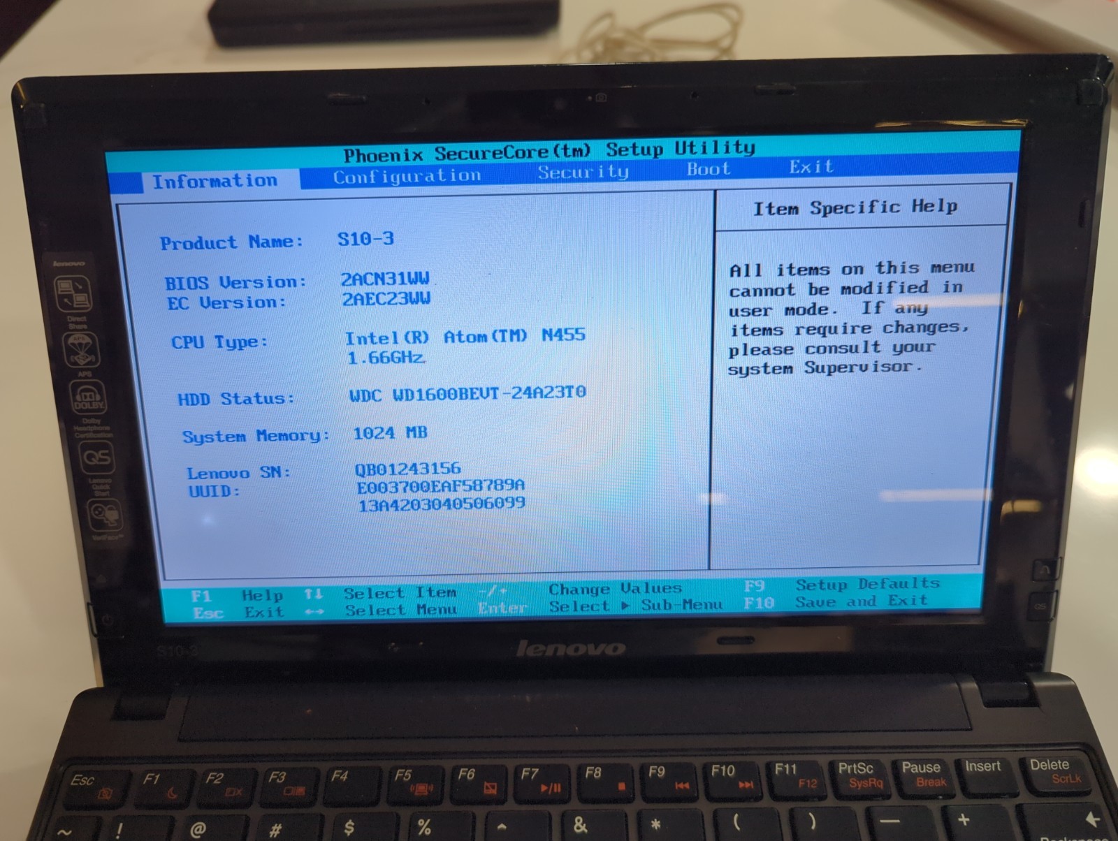 Lenovo IdeaPad S10-3 320GB HDD 10.1″ Intel Atom N455 1.66 GHz 1 GB Laptop No Hdd