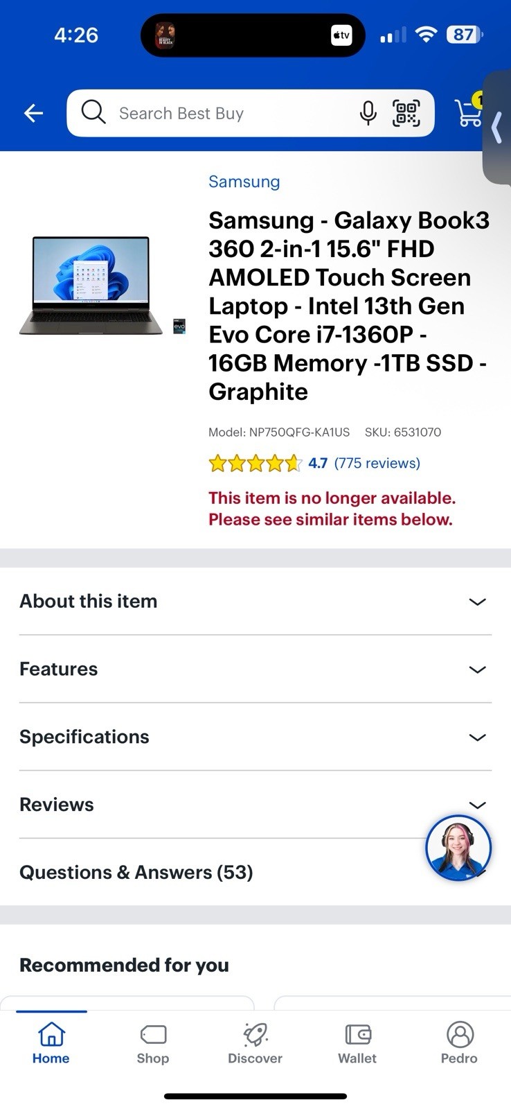Samsung Galaxy Book3 Pro 360 2-in-1 – 16″ 3K – i7-1360P – 16GB RAM – 1TB SSD