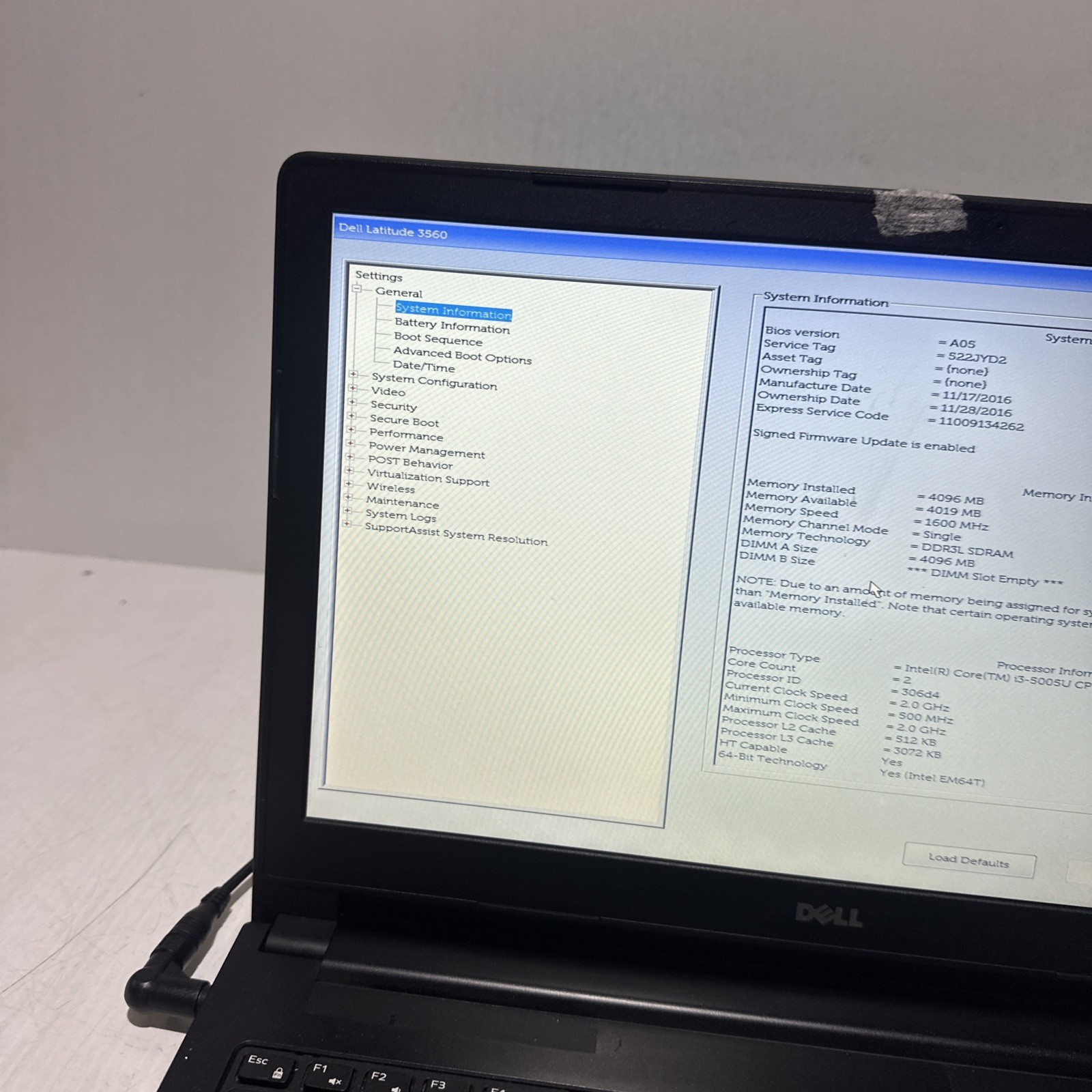 Dell Latitude 3560 15″ Laptop i3-5005u 4gb Ram No Drives Boots Bios