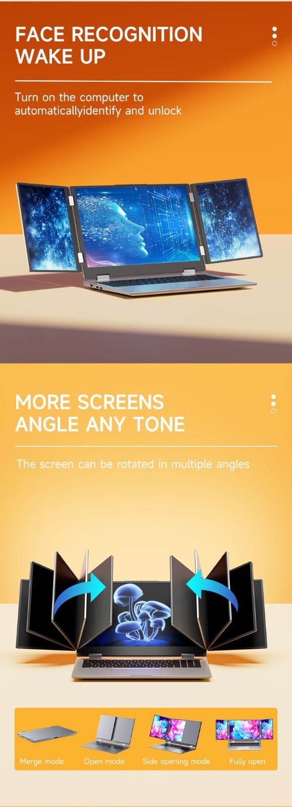 Face recogniti 16 inch 3 Scree Foldable i7 Laptop 32G RAM 1TB SSD Win11 Computer