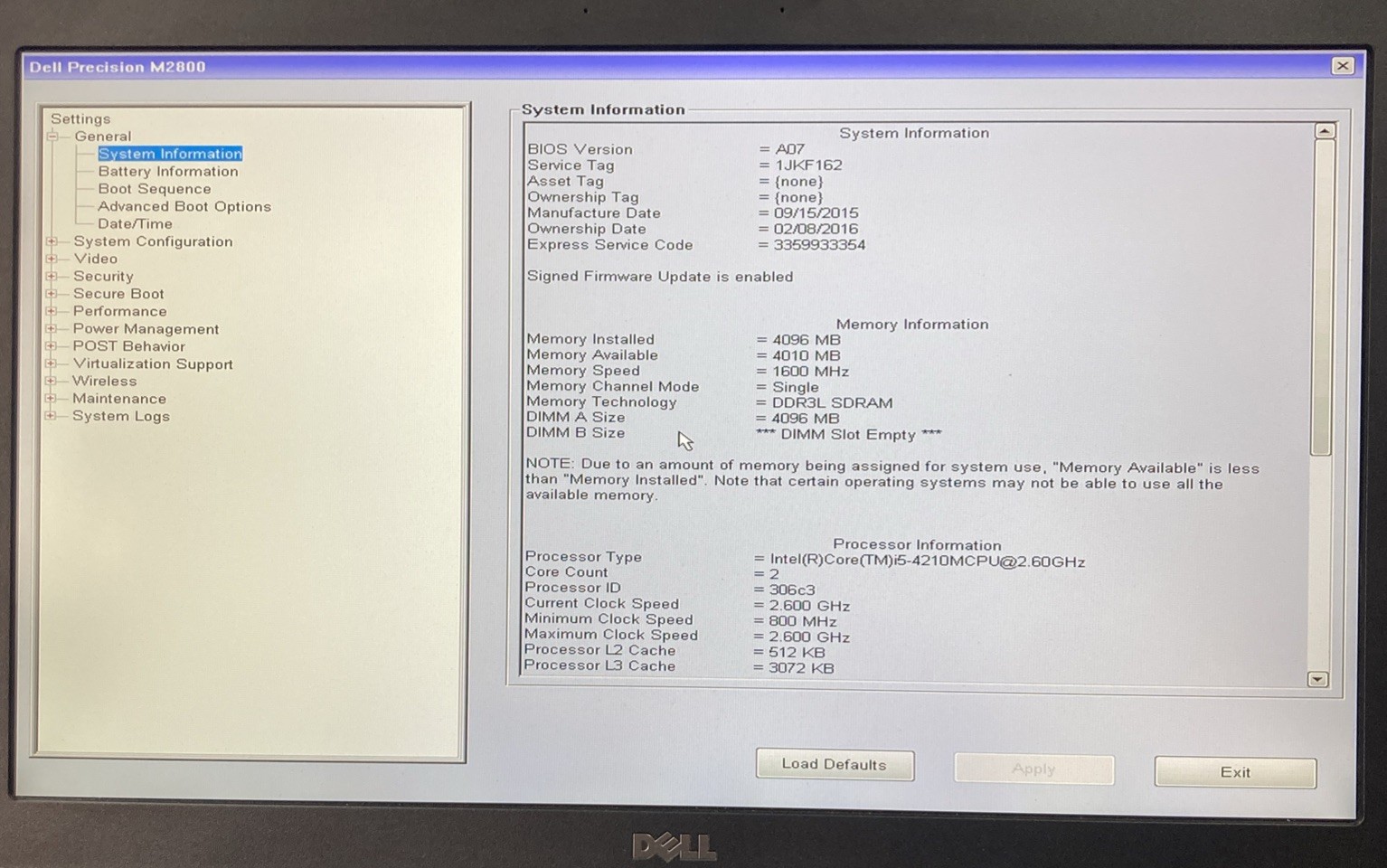 DELL PRECISION M2800 INTEL CORE I5-4210M 2.60GHZ no RAM NO HD Boot to BIOS