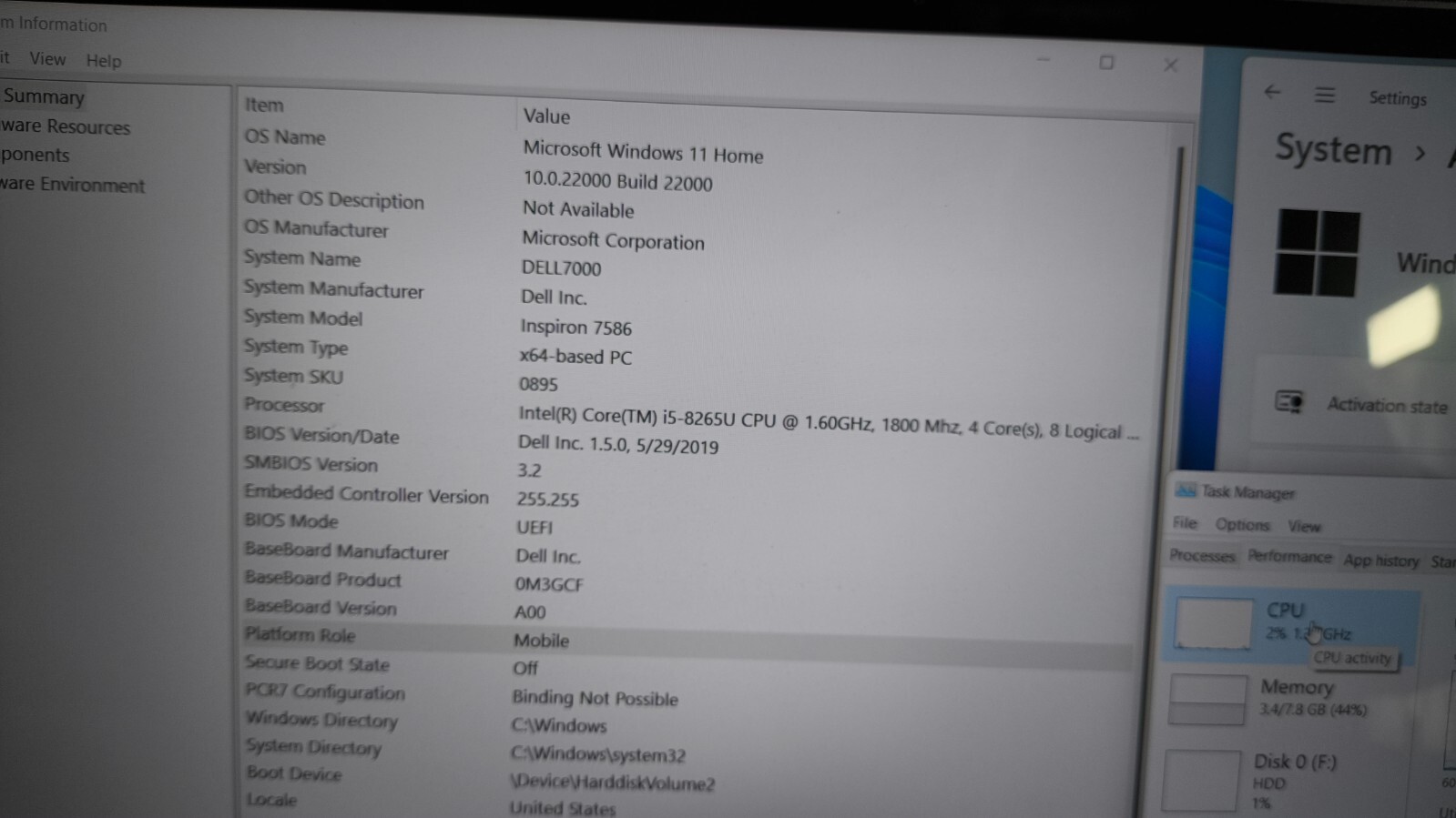 Dell Inspiron 15 7000 Intel Core i5-8265U 8GB 1TB HD/SSD W11 Touchscreen