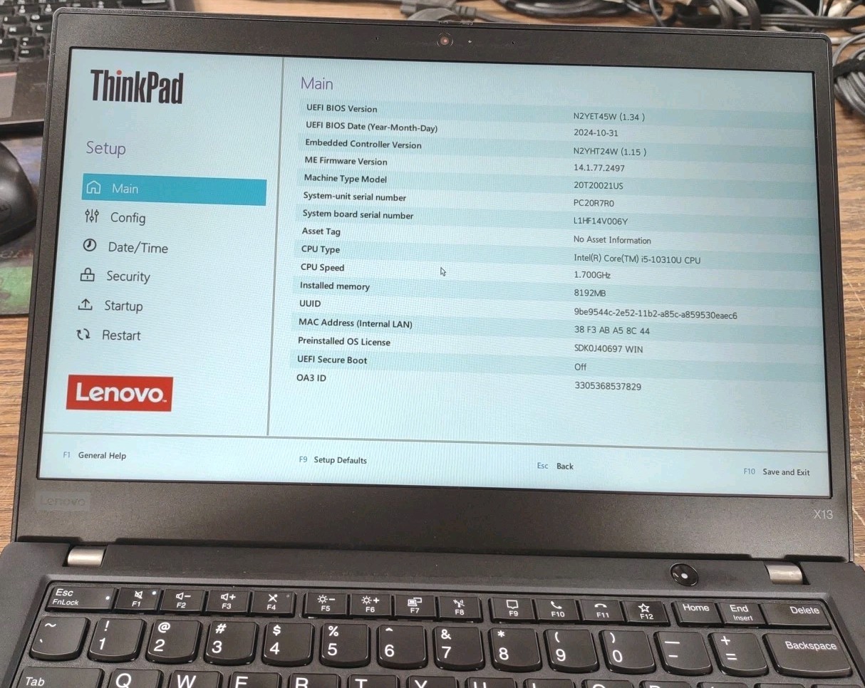LENOVO THINKPAD X13 (Gen 1) W/ INTEL I5-10310U, 512GB SSD, 8GB.