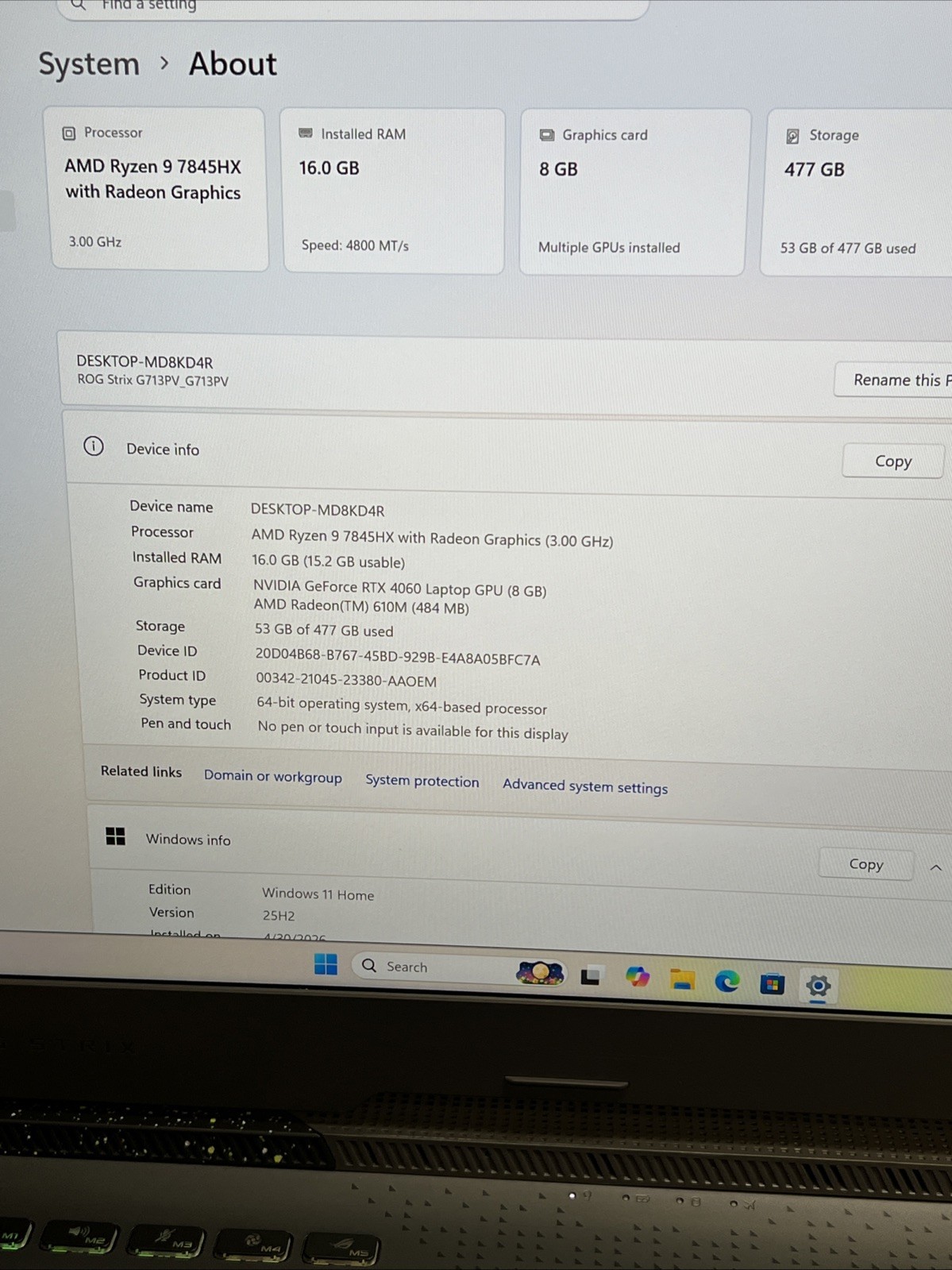 ASUS G713PV-WS94 ROG Strix G17 Ryzen 9 7845HX 512GB 16GB NVIDIA RTX 4060 (8GB)