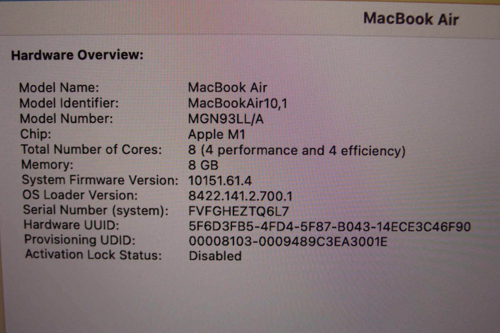 Apple MacBook Air A2337 13.3″ M1 (2020) 8CPU/7GPU 8GB 256GB MGN63LL/A OS Ventura
