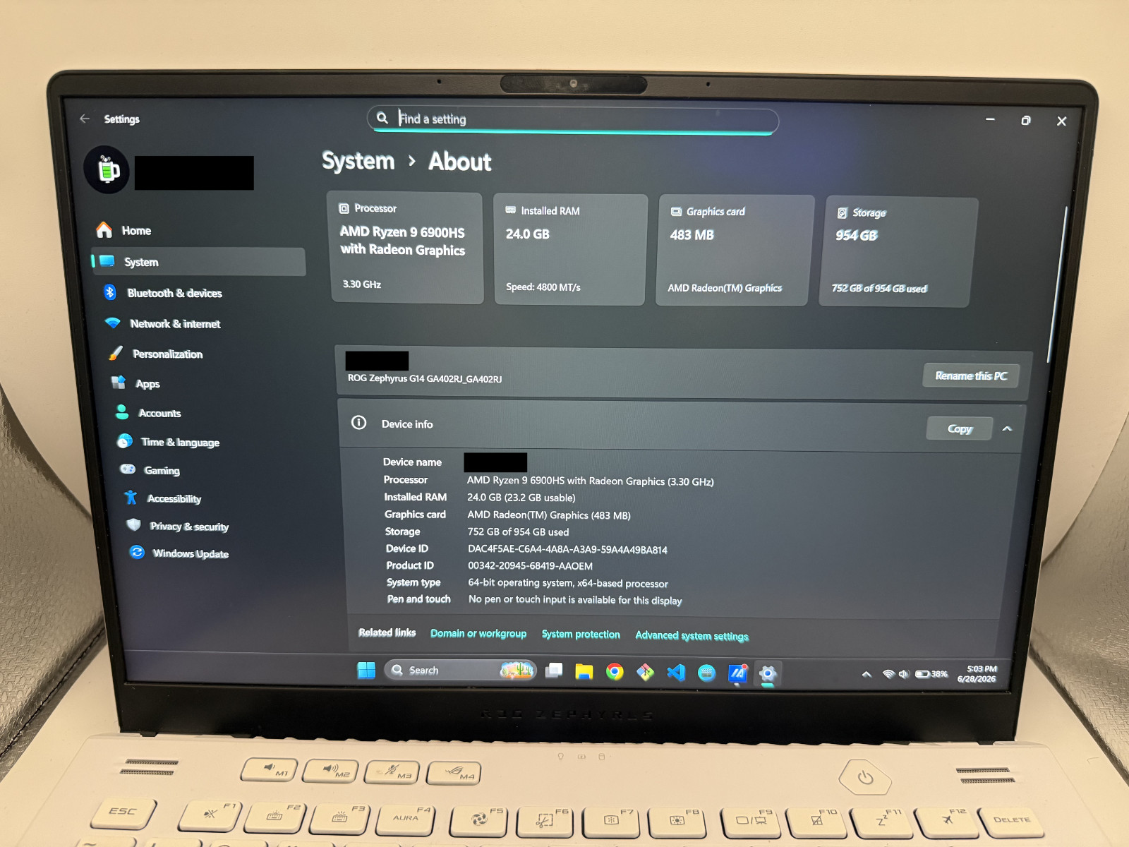 ASUS ROG Zephyrus G14 14″ Ryzen 9 6900HS,1TB SSD 24GB RAM RX 6700S 120HZ