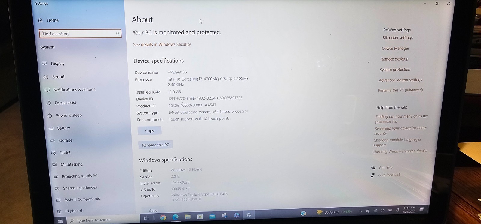 HP Envy156 15” screen, Intel Core i7-4700MQ CPU at 2.4 GHz, 12 GB RAM, 1 TB HD