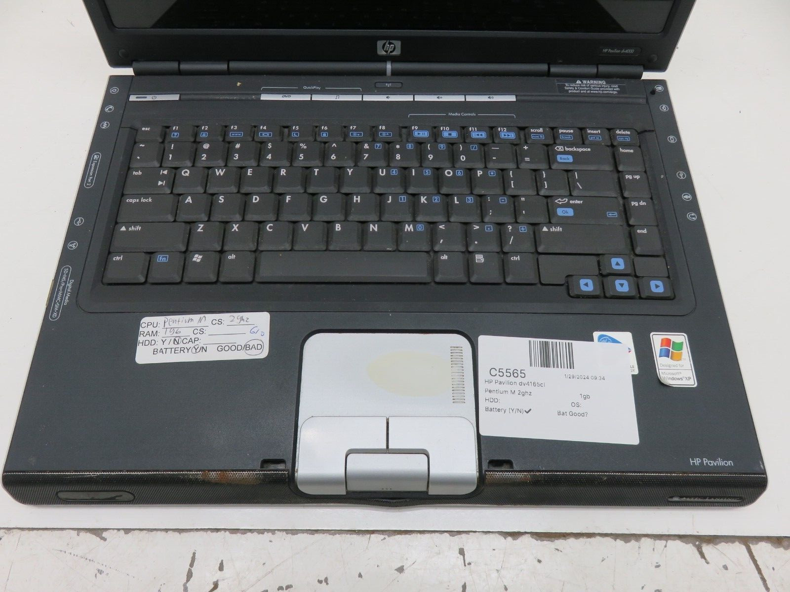 HP Pavilion dv4000 DV4165CL Laptop Intel Pentium M 1GB Ram No HDD,Bad Battery