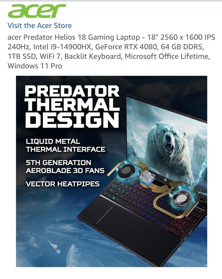 Acer Predator Helios 18 18in i9-14900HX RTX 4080 64GB 1TB SSD W11 Pro