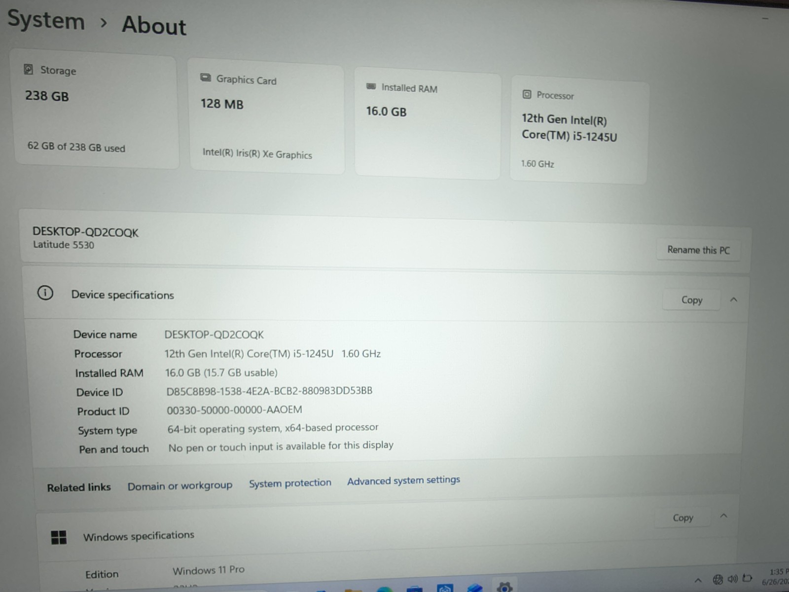 Dell Latitude 5530 15.6 i5-1235U 12th Gen 16GB 256GB SSD Win 11 Pro