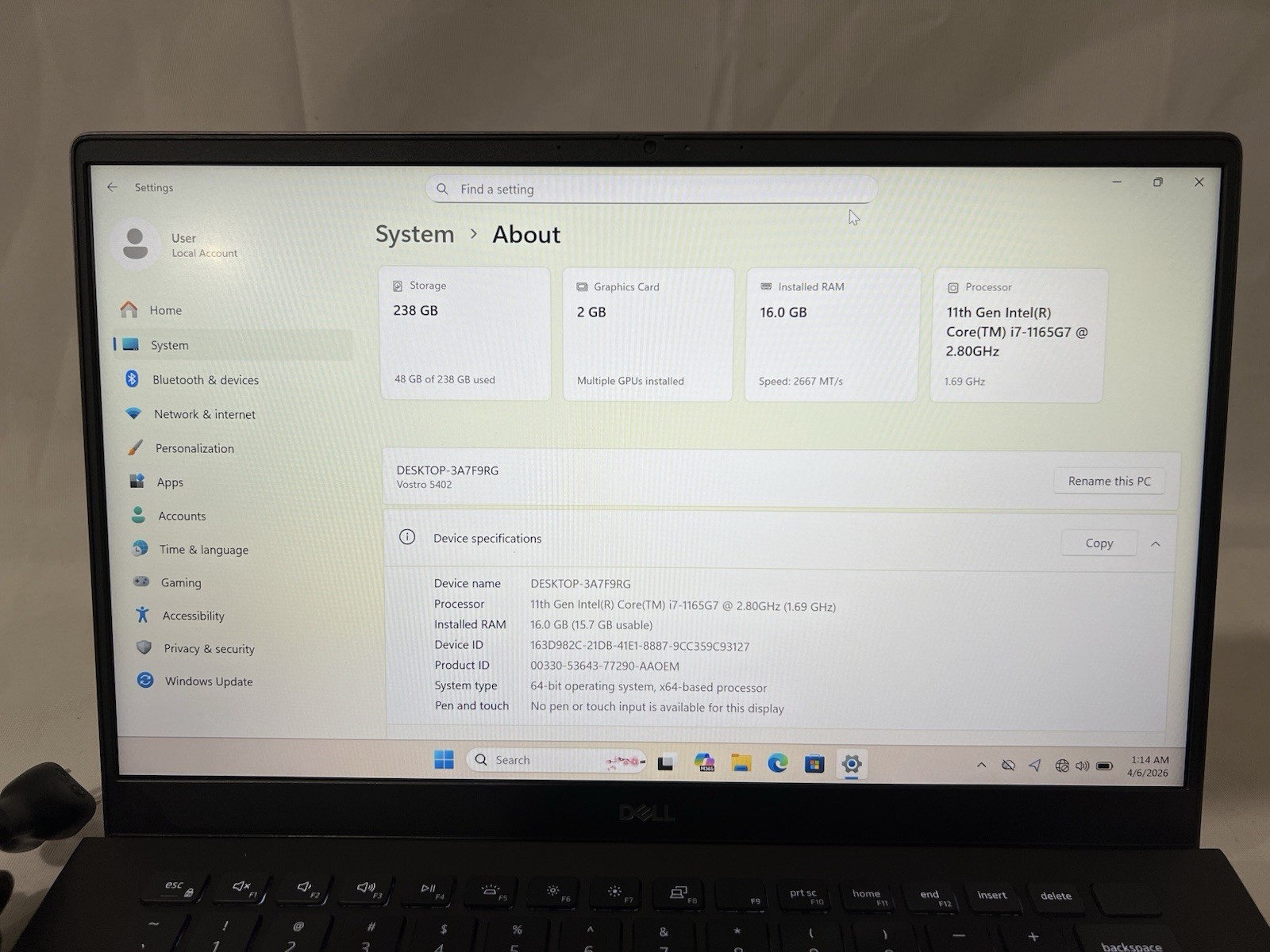 Dell Vostro 5402 14″ (i7-1165G7, 2.80GHz, 16GB RAM, 256GB NVMe SSD)Win11Pro wGPU