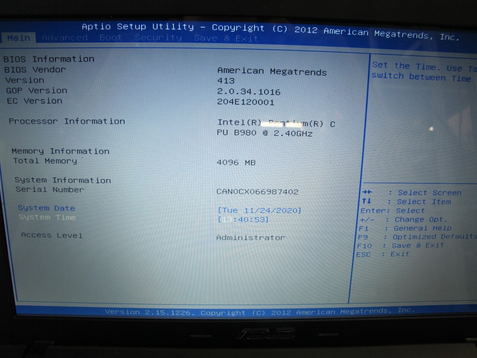 Asus X55A Notebook PC Intel Pentium C PU B980 2.40GHz 4GB RAM No HDD 15″ Screen