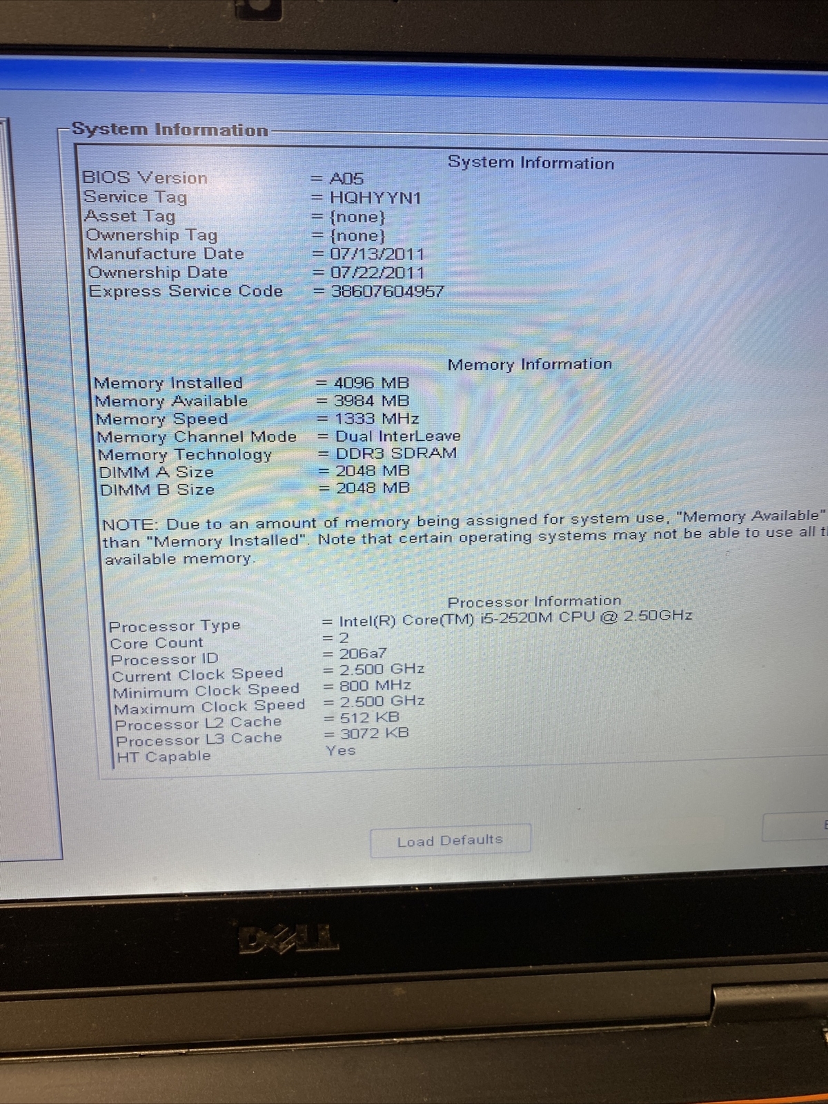 *FOR PARTS* Dell Latitude E6320 Core i5-2520M@2.50GHz,4GB RAM, NO HDD