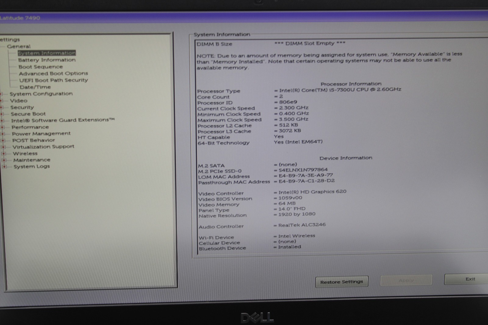 Dell Latitude 7490 i5-7300U @ 2.6 GHz 8GB RAM 256GB SSD No OS