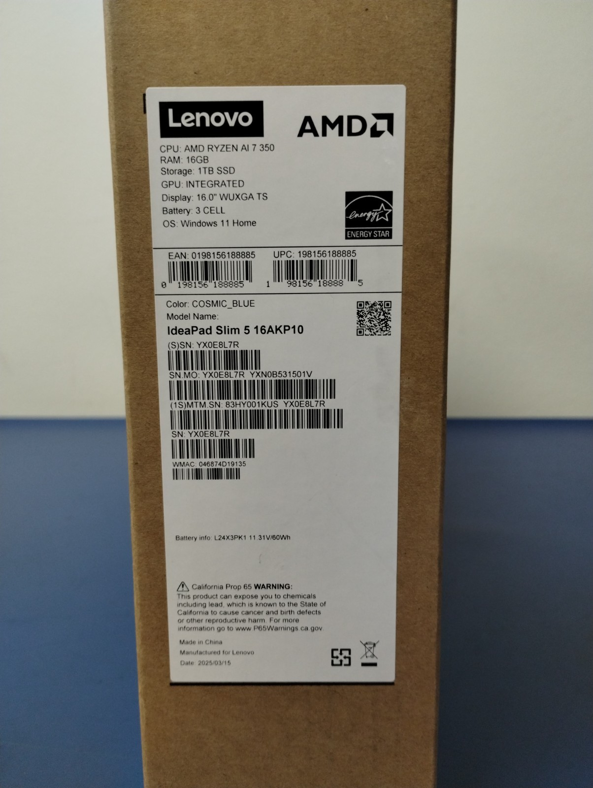 LENOVO IdeaPad Slim 5 16AKP10, AMD Ryzen AI 7 350, 16 GB RAM, 1 TB NVMe SSD