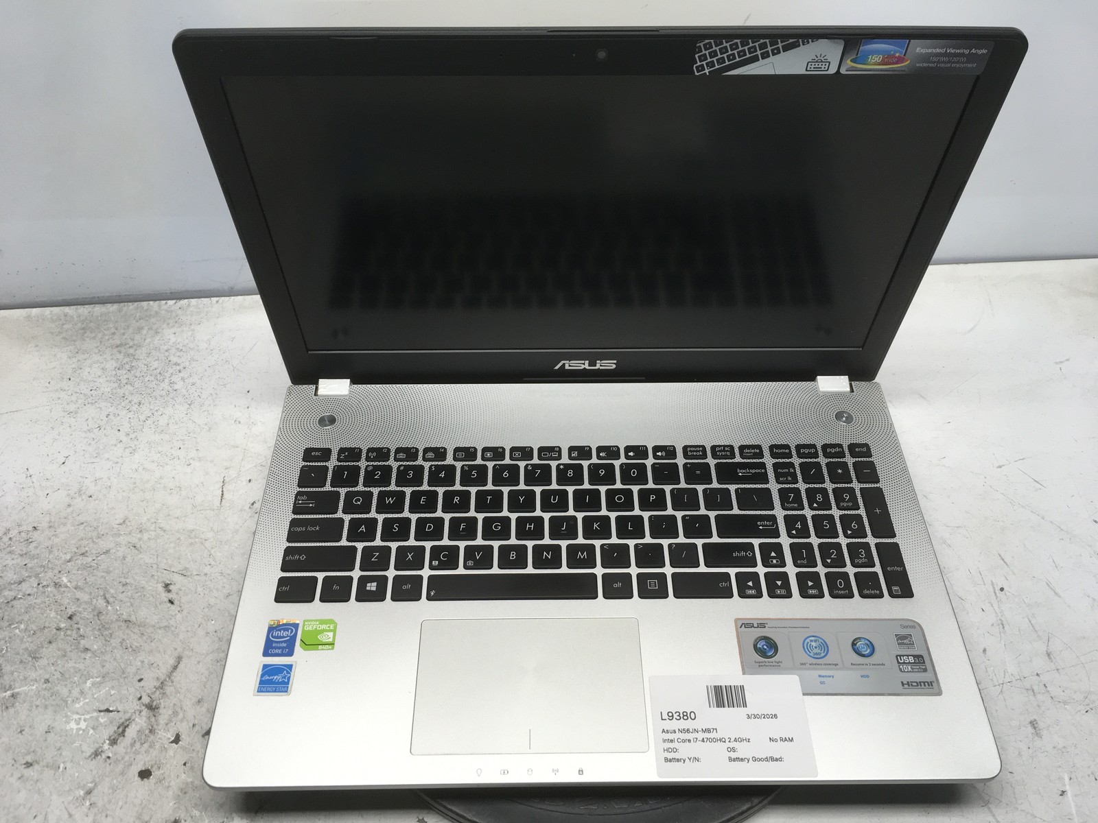 Asus N56JN-MB71 Intel Core i7-4700HQ 2.4GHz No RAM/HDD/ Batt NVIDIA GeForce 840M