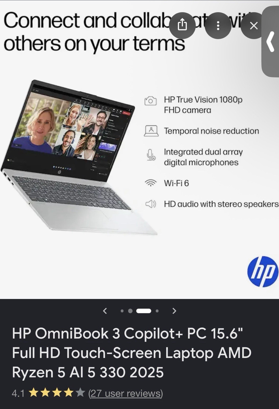 HP OmniBook 3 Copilot+ PC 15.6″ FHD Touch Ryzen 5 AI 5 330 Win11