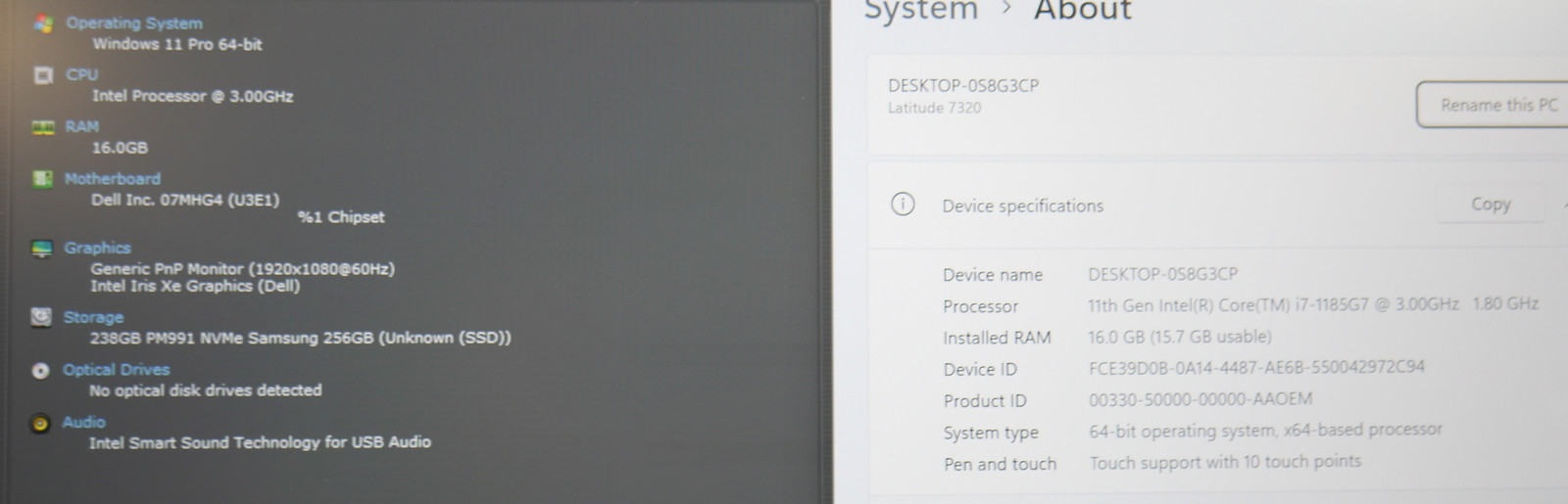 Dell Latitude 7320 Core i7-1185G7 3.00GHz 16 GB 256GB SSD 13.3″ Win 11 Pro CY