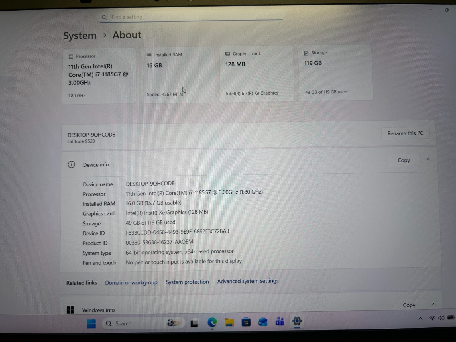 Dell Latitude 9520 15″ i7-1185G7 16GB 128GB NVMe Win11 Pro Office 2021 FHD