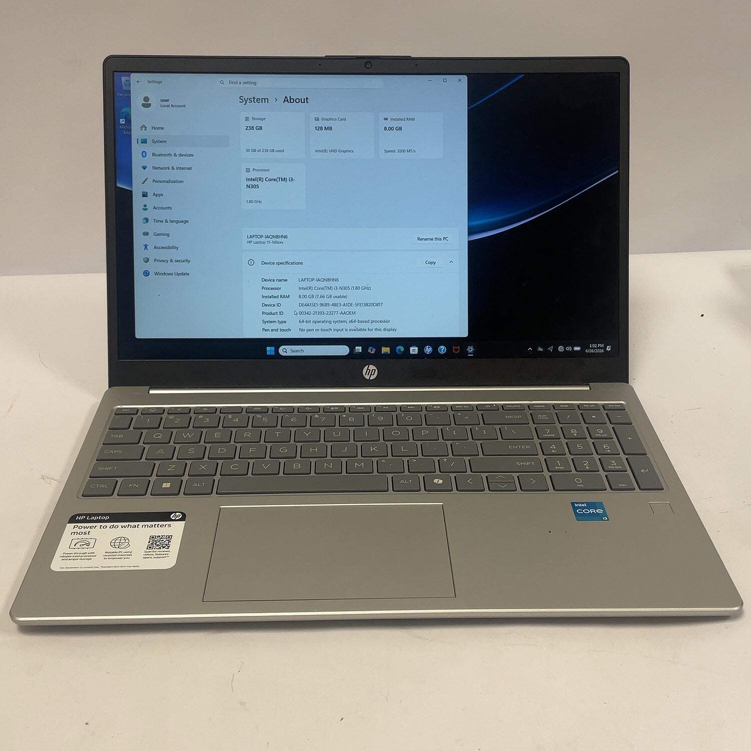 HP Laptop 15-FD0133WM 15.6″ i3-N305 1.8GHz 8GB RAM 256GB SSD