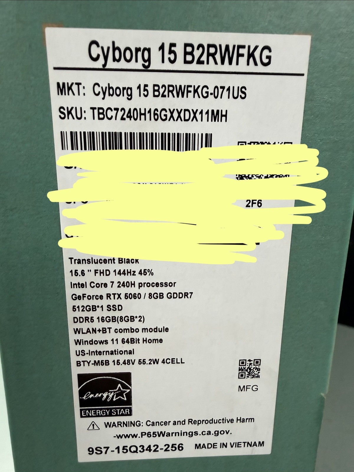 MSI Cyborg 15 Gaming Laptop FHD RTX 5060 Core 7 240H 16GB RAM 512GB SSD B2RWFKG