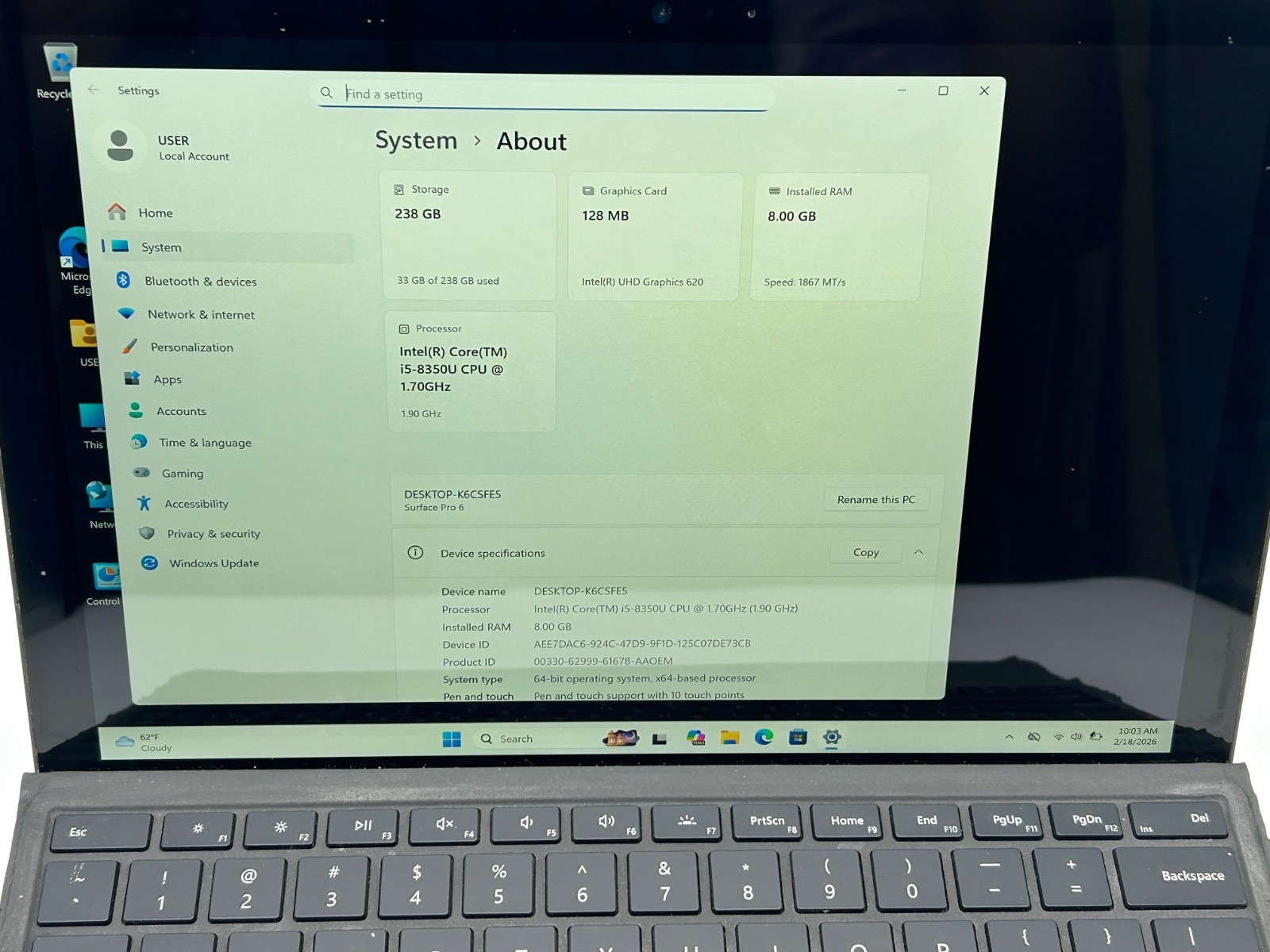 Microsoft Surface Pro 6 12.3″ i5-8350U 8GB RAM 256GB SSD Win 11 Pro