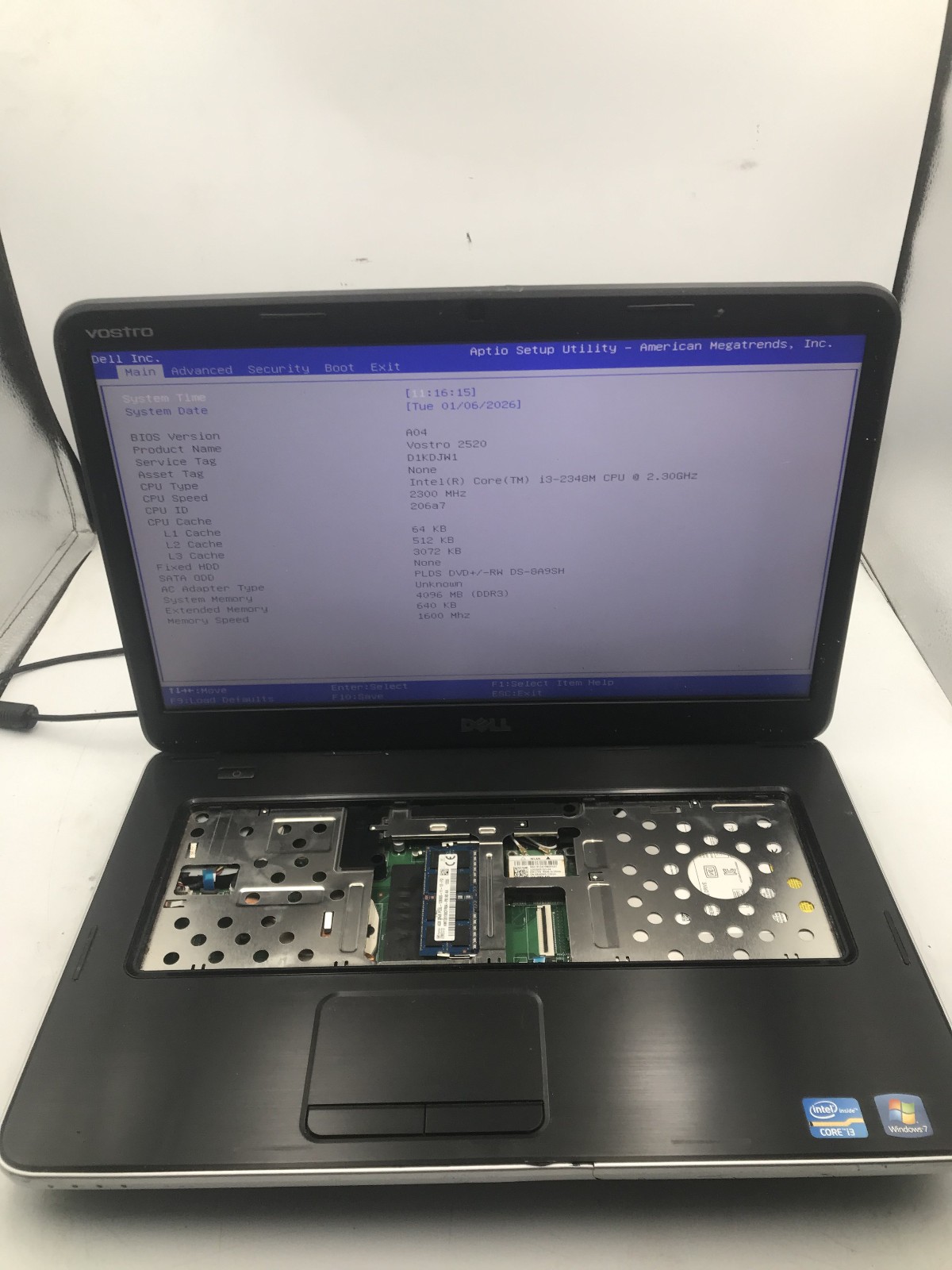 DELL VOSTRO 2520 – BOOTS TO BIOS – INTEL I3 2348M – NO RAM -READ DESCRIPTION- BB