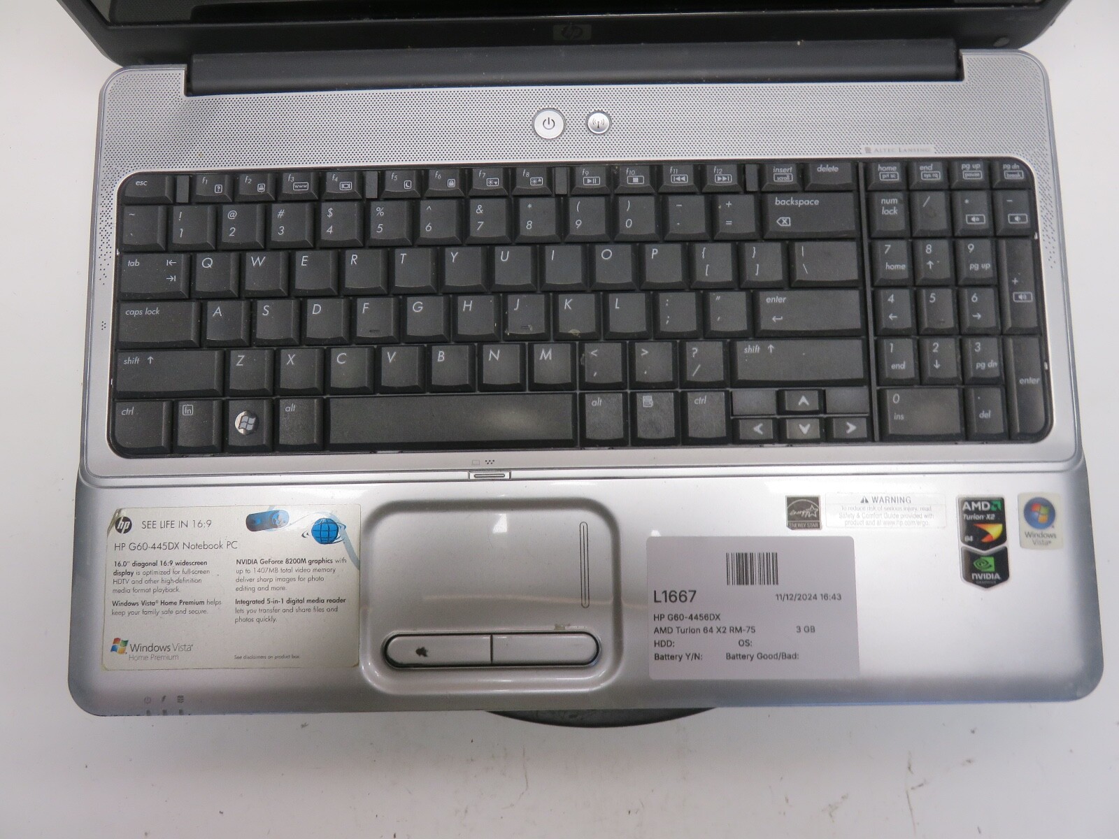 HP G60-4456DX AMD Turion 64 X2 RM-75 2.2GHz 3 GB NO HDD No Batt