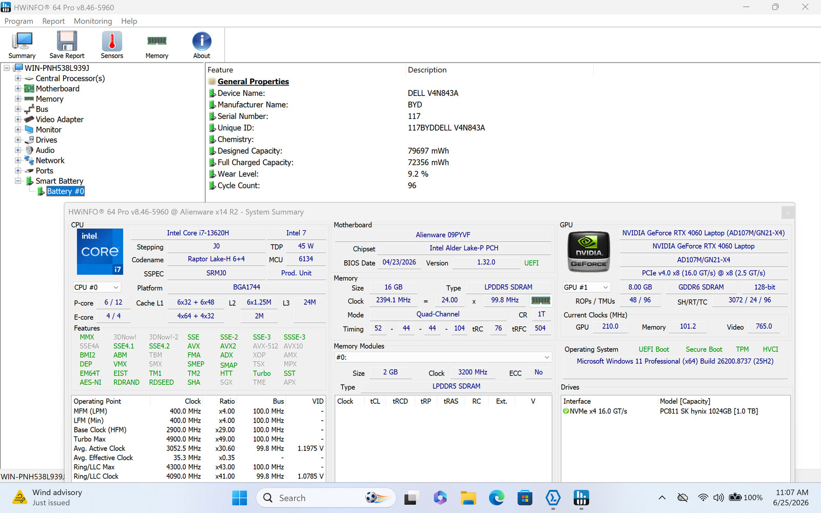 Dell Alienware x14 R2 14″ WQXGA I7-13620H 1TB SSD 16GB W11P RTX 4060 RGB 165Hz