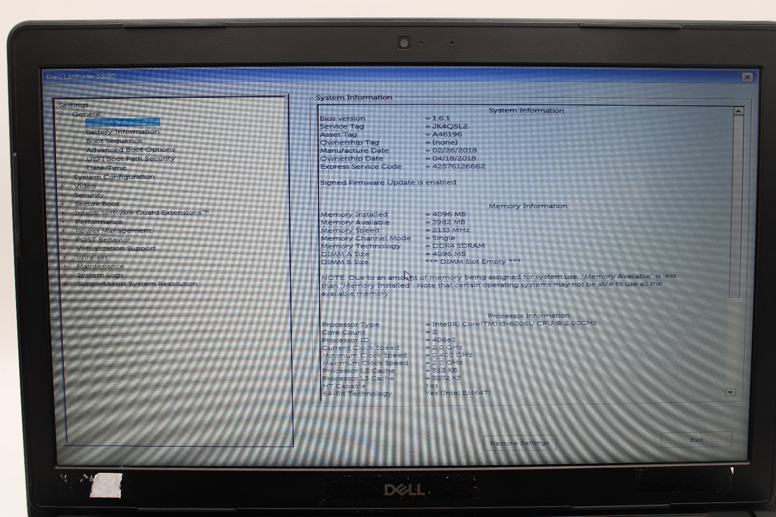 Dell Latitude 3580 _ i3-6006U _ 4GB RAM _ 256GB SSD _ No OS