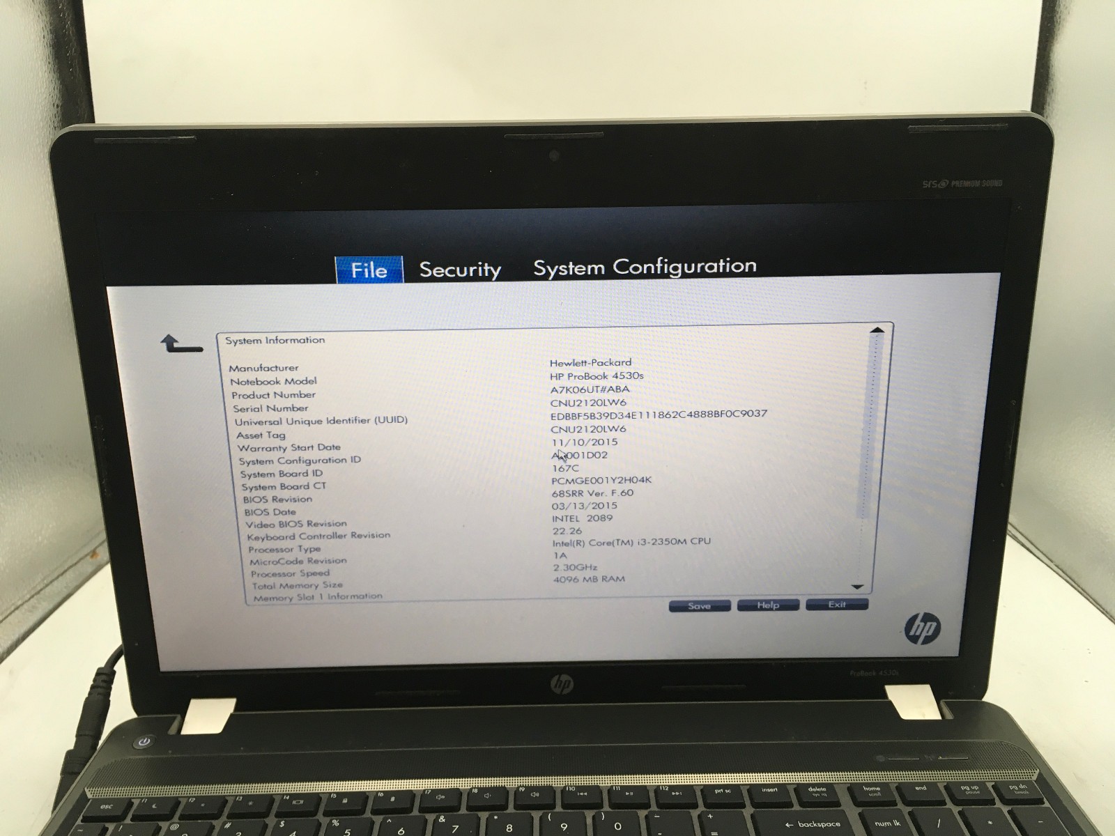 HP PROBOOK 4530S – BOOTS TO BIOS – INTEL I3 2350M – NO RAM – READ DESCRIP – BB !