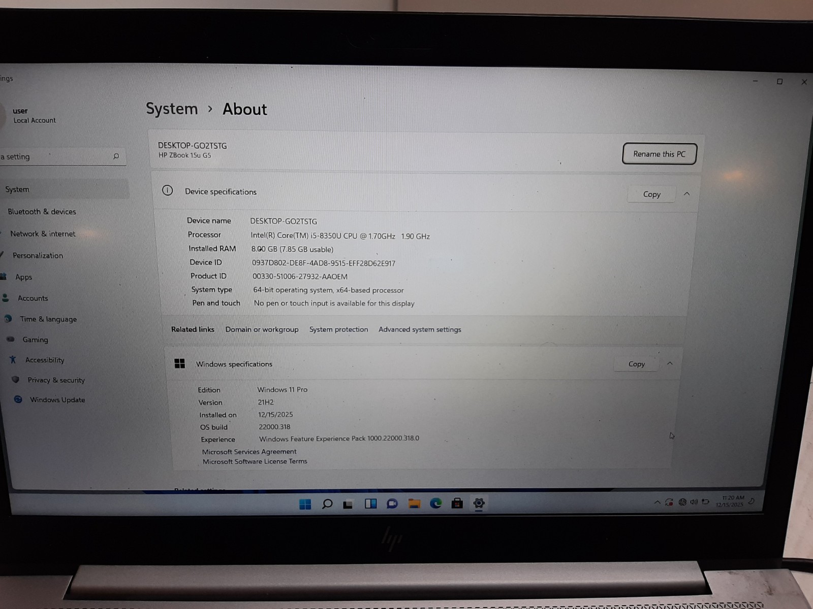 HP ZBook 15u G5 15.6″ Laptop i5-8350U 8GB RAM 256GB SSD WIN11 NO BATTERY!! #97