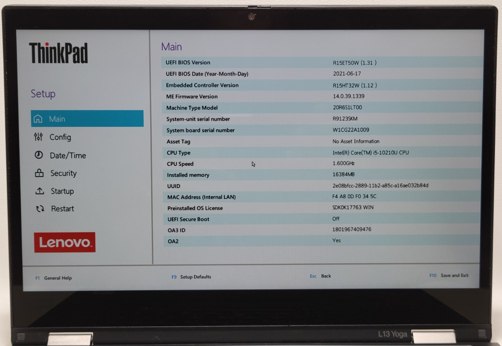 THINKPAD L13 YOGA i5-10210U 16GB RAM NO ADAPTER (UID TEAFC04A65)