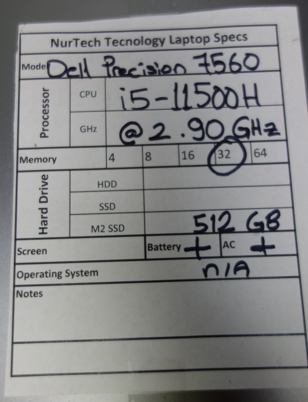 DELL PRECISION 7560 15.6″ i5-11500H 2.9GHz 32GB/512GB m2 SSD [NO OS] Laptop + AC