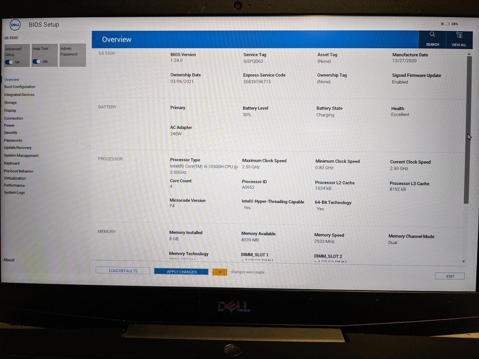 DELL G5 15 5500 i5-10300H @ 2.50GHz, 8GB RAM, NO HDD/OS