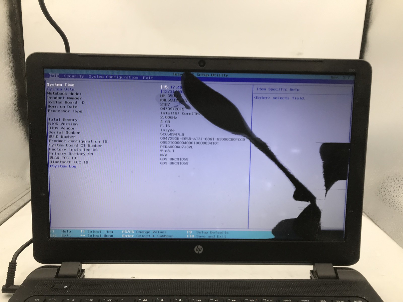 HP 350 G1 NOTEBOOK – BOOTS TO BIOS/BAD LCD – INTEL I7 4TH GEN – NO RAM -READ- BB