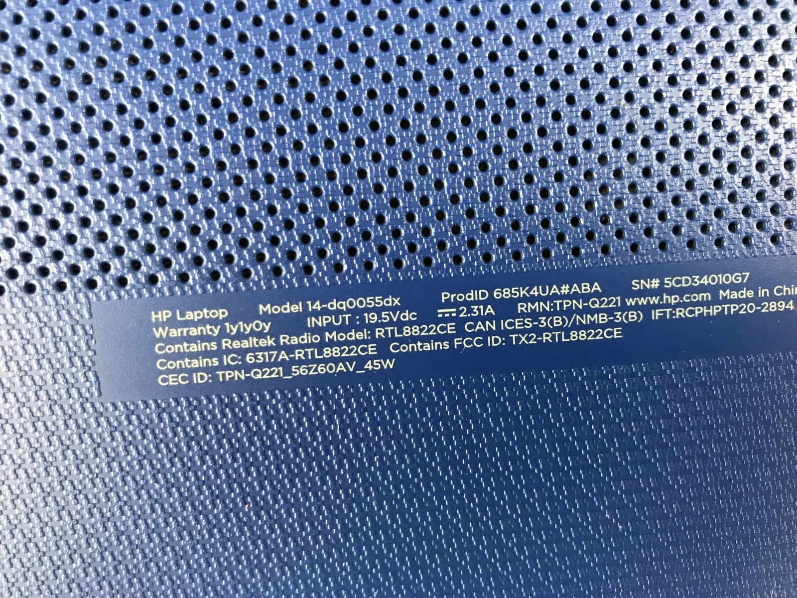 HP 14 Inch Blue Laptop Model: 14-DQ0055DX For Parts