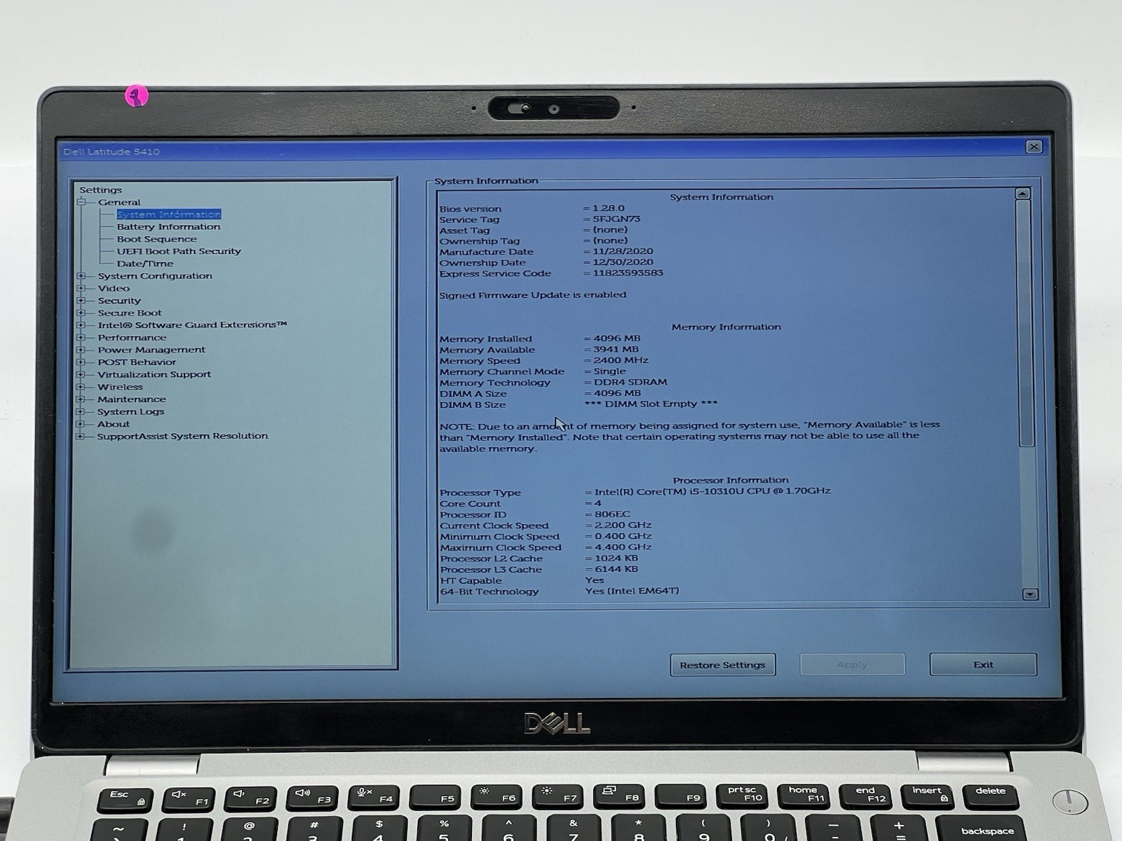Dell Latitude 5410, i5-10310U CPU, @ 1.70GHz, 4GB RAM-No HDD/OS/Charger